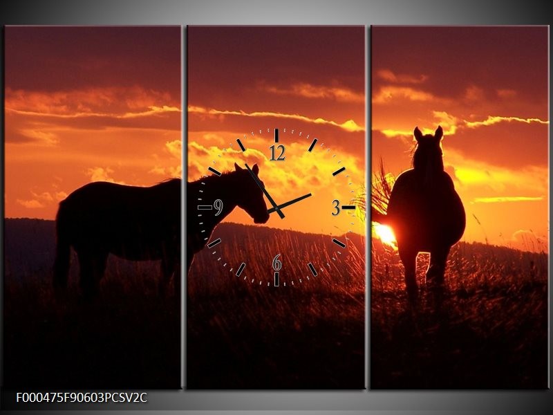 Klok schilderij Paarden | Zwart, Geel, Oranje | 90x60cm 3Luik