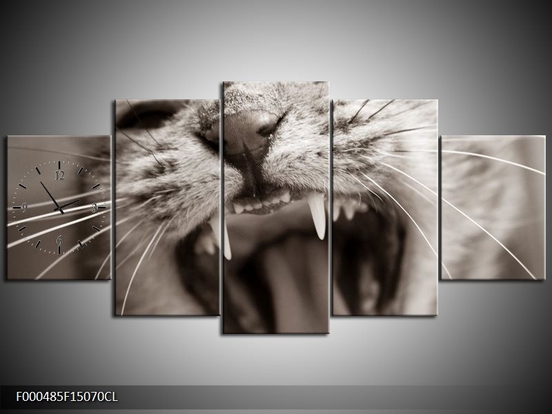 Klok schilderij Kat | Zwart, Geel, Bruin | 150x70cm 5Luik