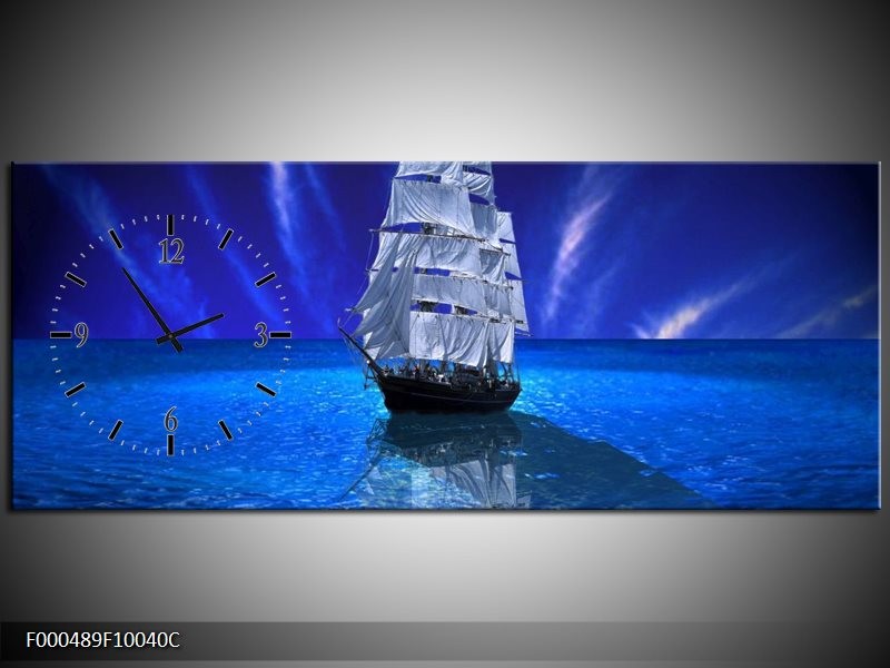 Klok schilderij Zeilboot | Blauw, Wit, Zwart | 100x40cm 1Luik