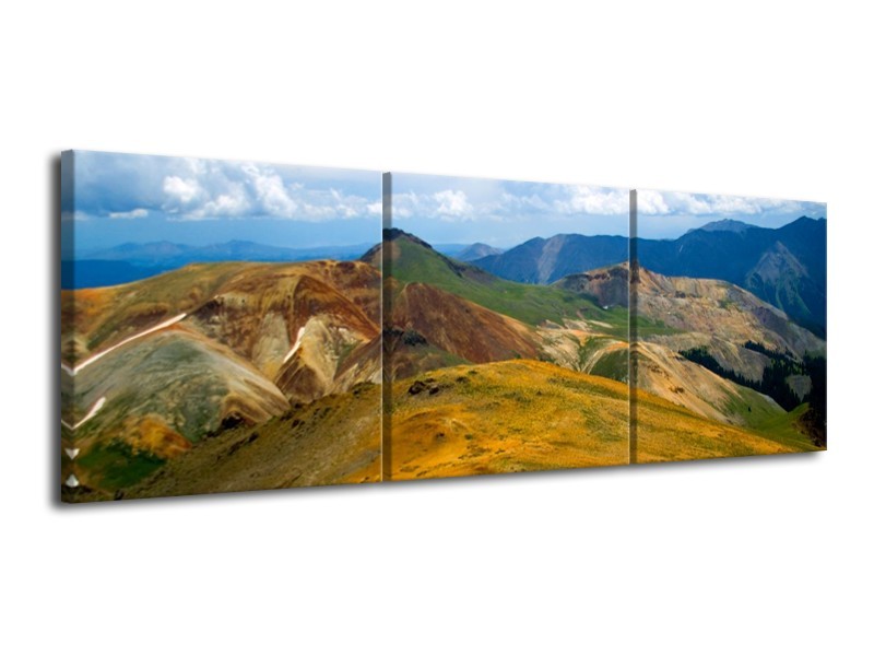 Canvas schilderij Bergen | Blauw, Geel, Groen | 120x40cm 3Luik