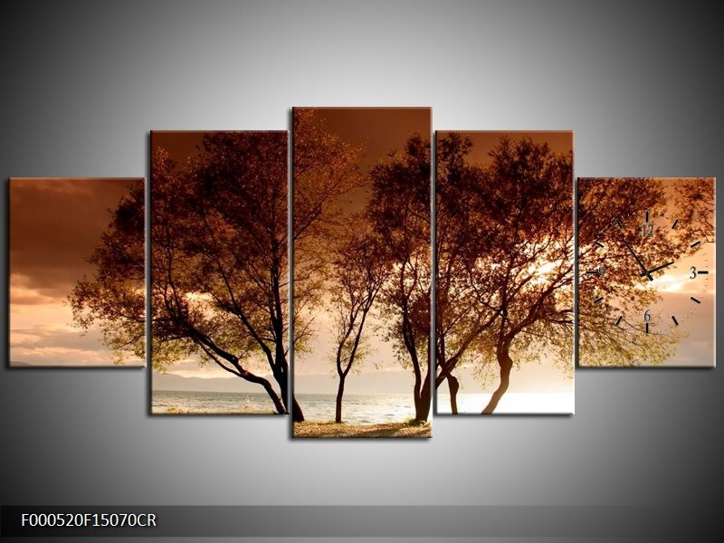 Klok schilderij Bomen | Bruin, Wit, Zwart | 150x70cm 5Luik
