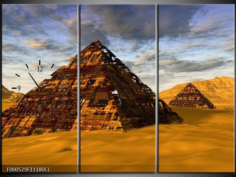 Klok schilderij Piramide | Geel, Zwart, Blauw | 111x80cm 3Luik