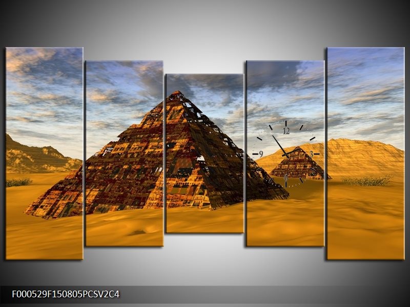 Klok schilderij Piramide | Geel, Zwart, Blauw | 150x80cm 5Luik