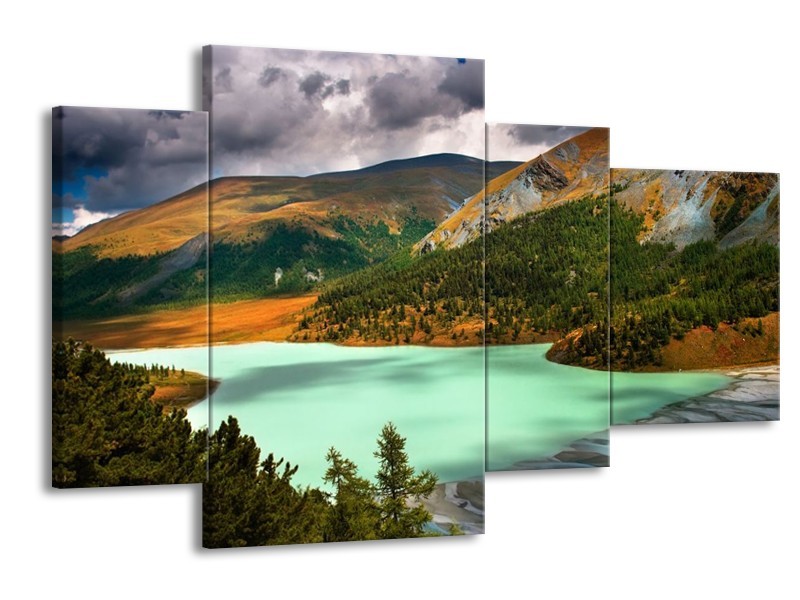 Glas schilderij Bergen | Groen, Geel, Grijs | 120x75cm 4Luik