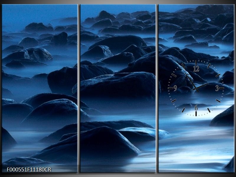 Klok schilderij Stenen | Zwart, Blauw, Grijs | 111x80cm 3Luik