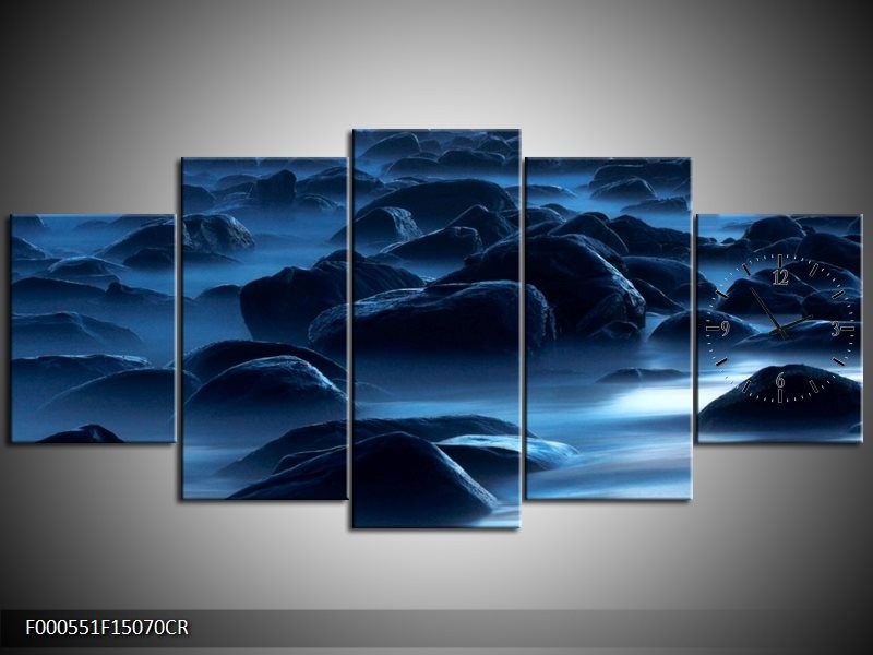 Klok schilderij Stenen | Zwart, Blauw, Grijs | 150x70cm 5Luik