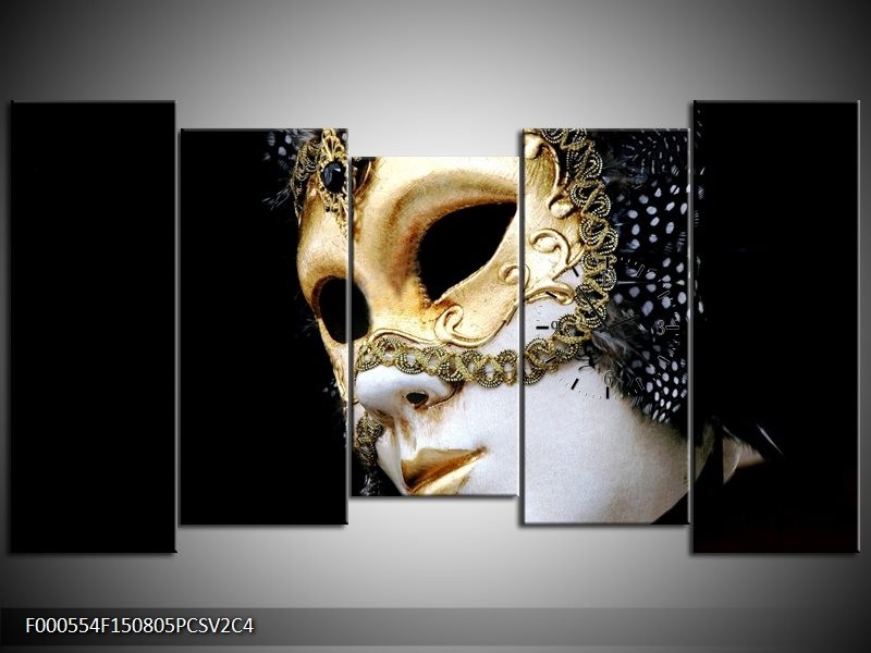 Klok schilderij Masker | Wit, Goud, Zwart | 150x80cm 5Luik