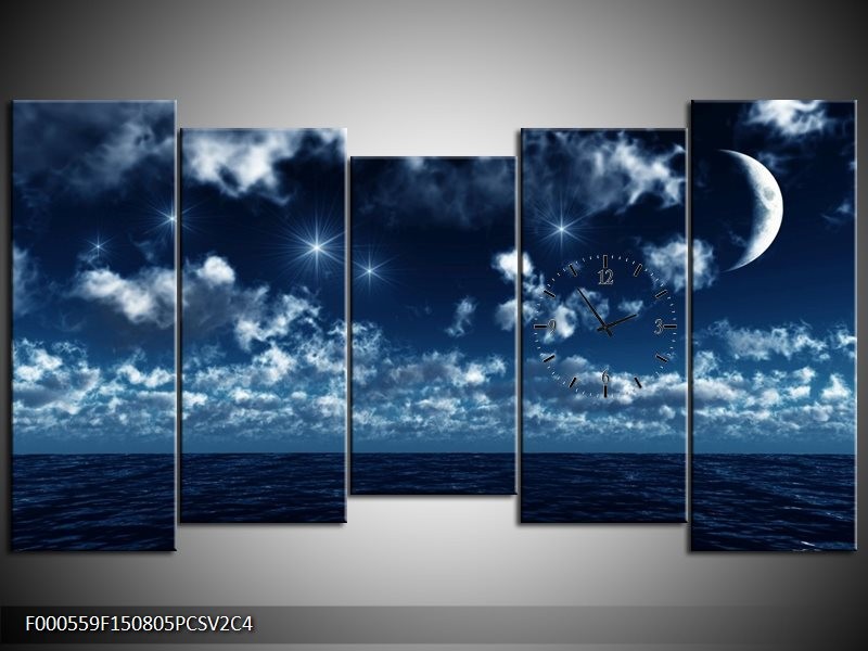 Klok schilderij Sterren | Blauw, Wit, Zwart | 150x80cm 5Luik