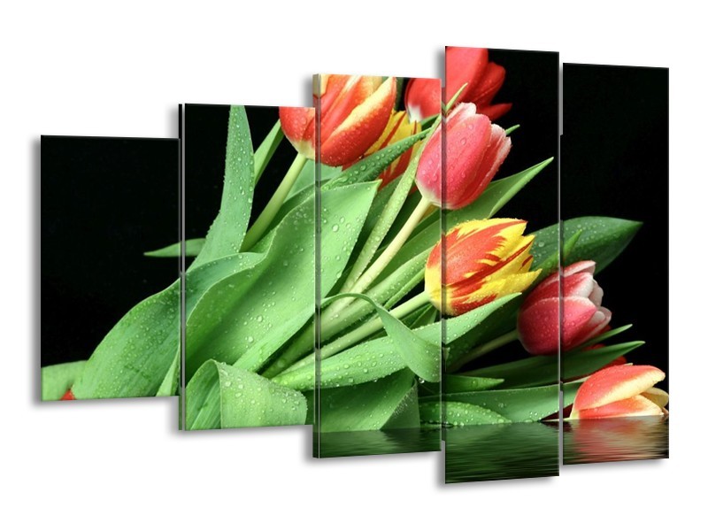 Canvas schilderij Tulpen | Rood, Geel, Groen | 150x100cm 5Luik