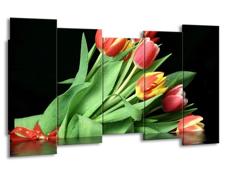 Canvas schilderij Tulpen | Rood, Geel, Groen | 150x80cm 5Luik