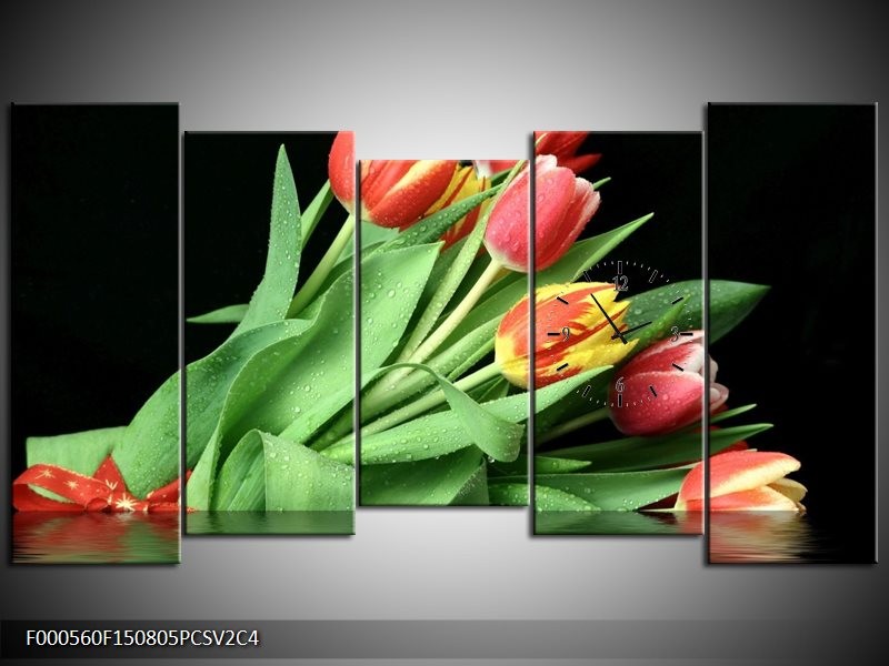 Klok schilderij Tulpen | Rood, Geel, Groen | 150x80cm 5Luik