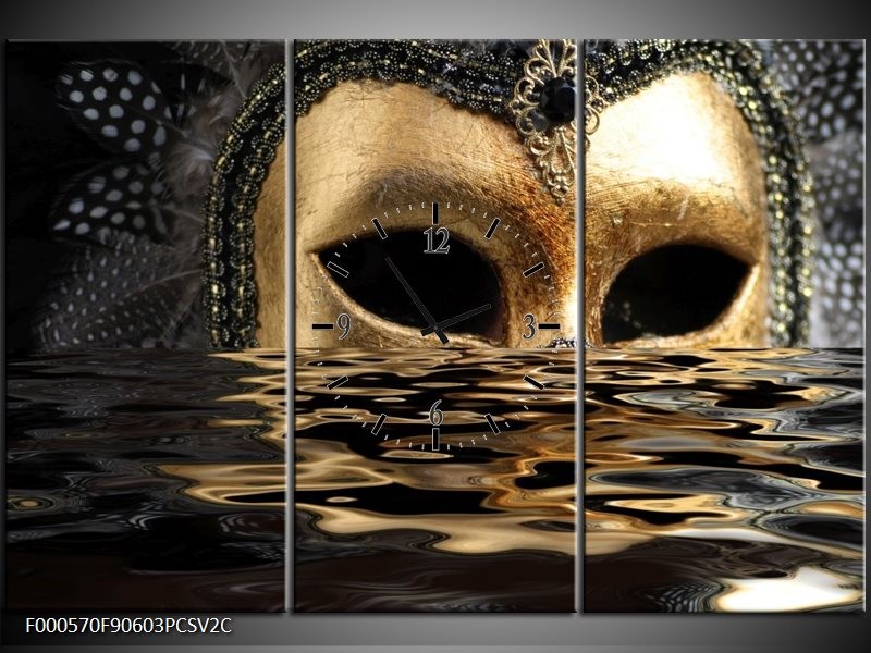 Klok schilderij Masker | Goud, Zilver, Grijs | 90x60cm 3Luik