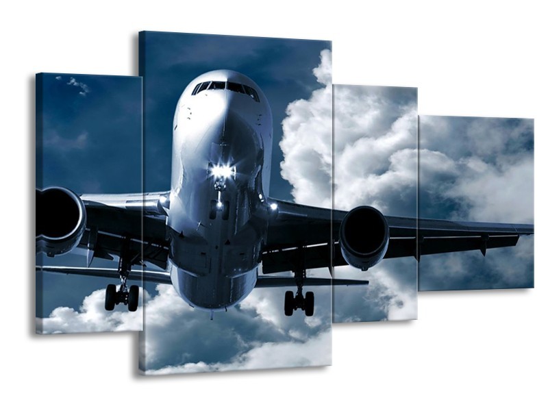 Canvas schilderij Vliegtuig | Blauw, Grijs, Wit | 120x75cm 4Luik