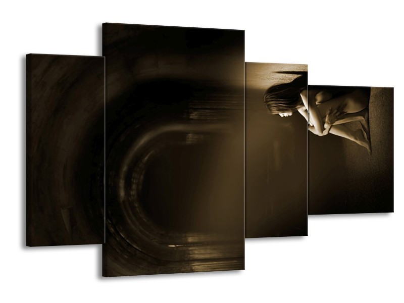 Canvas schilderij Vrouw | Sepia, Crème | 120x75cm 4Luik