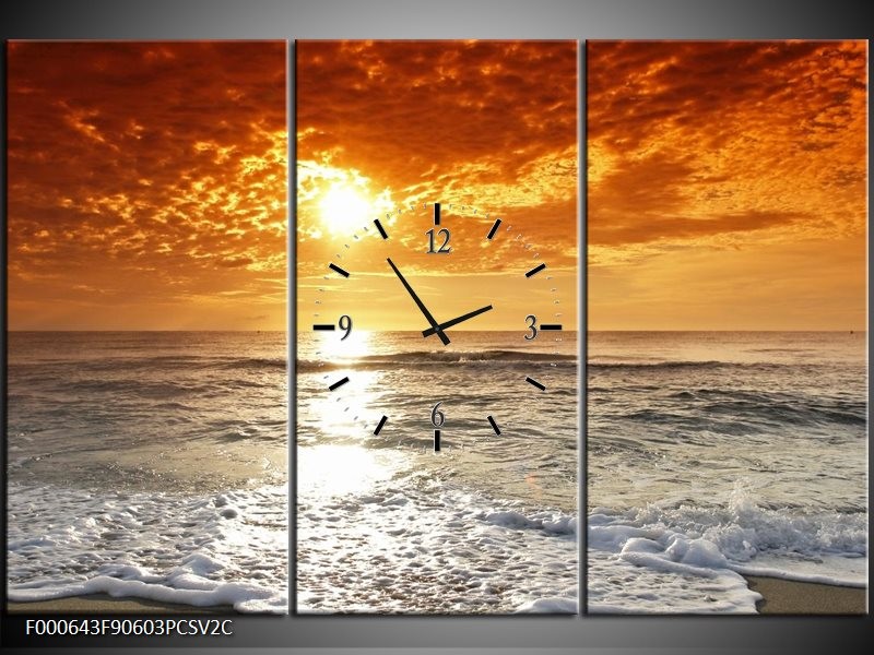 Klok schilderij Zonsondergang | Geel, Oranje, Grijs | 90x60cm 3Luik