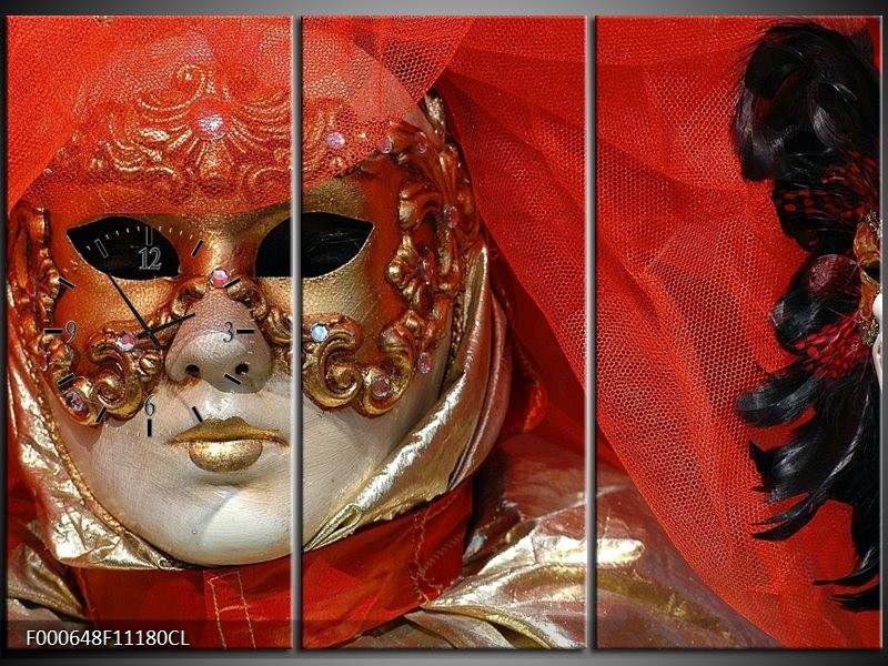 Klok schilderij Masker | Rood, Goud, Zwart | 111x80cm 3Luik