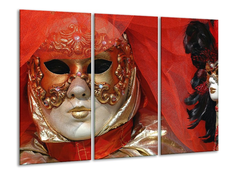 Canvas schilderij Masker | Rood, Goud, Zwart | 120x80cm 3Luik