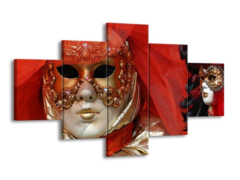 Canvas schilderij Masker | Rood, Goud, Zwart | 125x70cm 5Luik