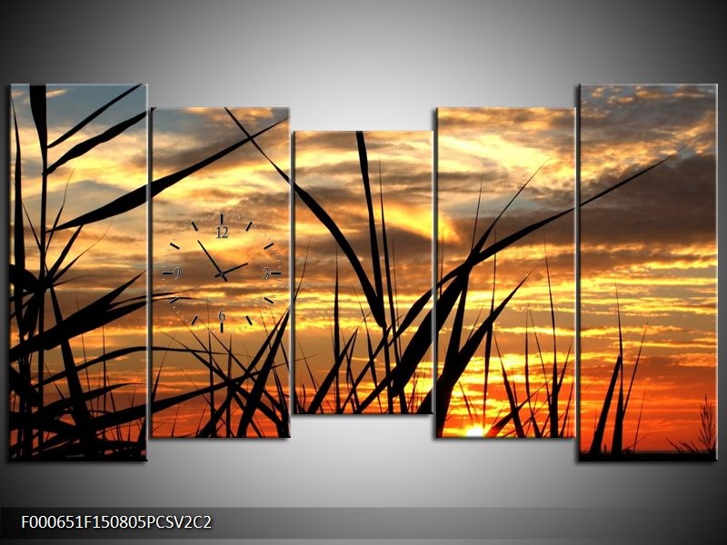 Klok schilderij Zonsondergang | Zwart, Grijs, Geel | 150x80cm 5Luik