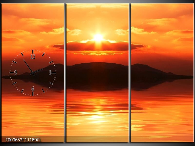Klok schilderij Zonsondergang | Zwart, Geel, Rood | 111x80cm 3Luik