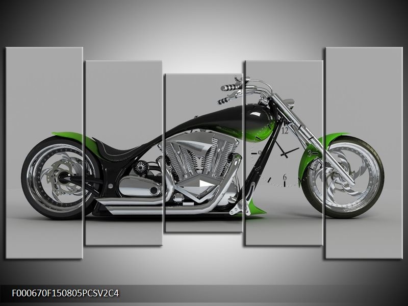 Klok schilderij Motor | Groen, Grijs, Zwart | 150x80cm 5Luik