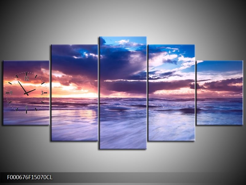 Klok schilderij Zonsondergang | Paars, Blauw, Wit | 150x70cm 5Luik