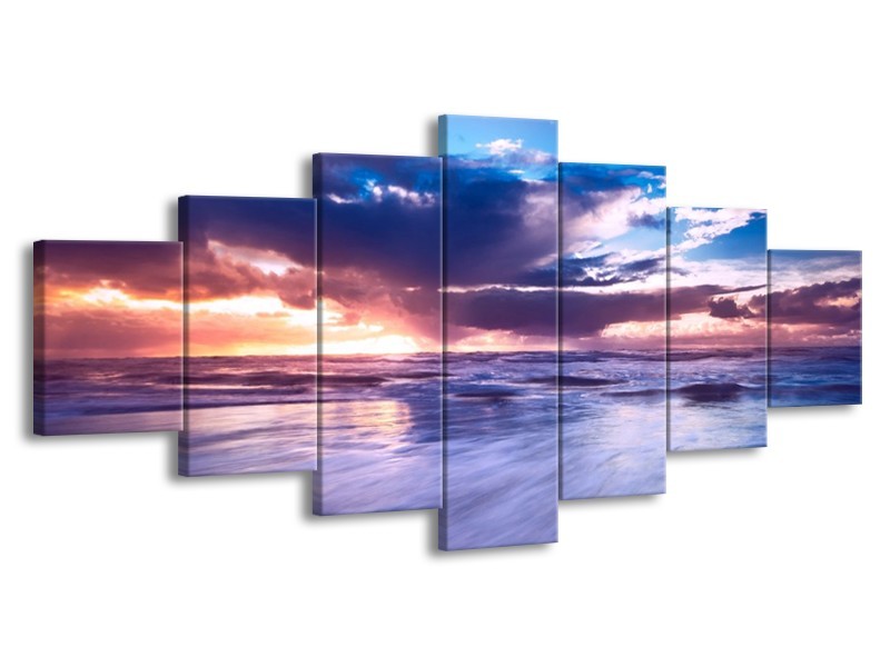 Canvas schilderij Zonsondergang | Paars, Blauw, Wit | 210x100cm 7Luik