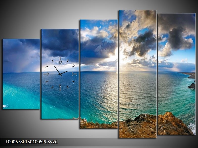 Klok schilderij Zee | Blauw, Wit, Grijs | 150x100cm 5Luik
