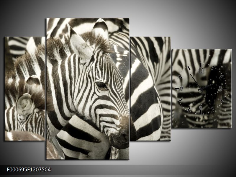 Klok schilderij Zebra | Zwart, Wit, Grijs | 120x75cm 4Luik