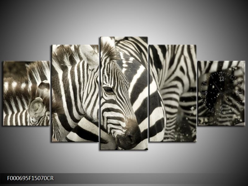 Klok schilderij Zebra | Zwart, Wit, Grijs | 150x70cm 5Luik