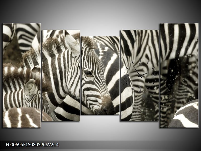 Klok schilderij Zebra | Zwart, Wit, Grijs | 150x80cm 5Luik