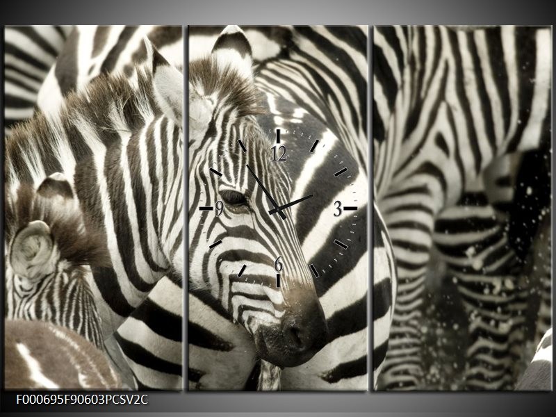 Klok schilderij Zebra | Zwart, Wit, Grijs | 90x60cm 3Luik