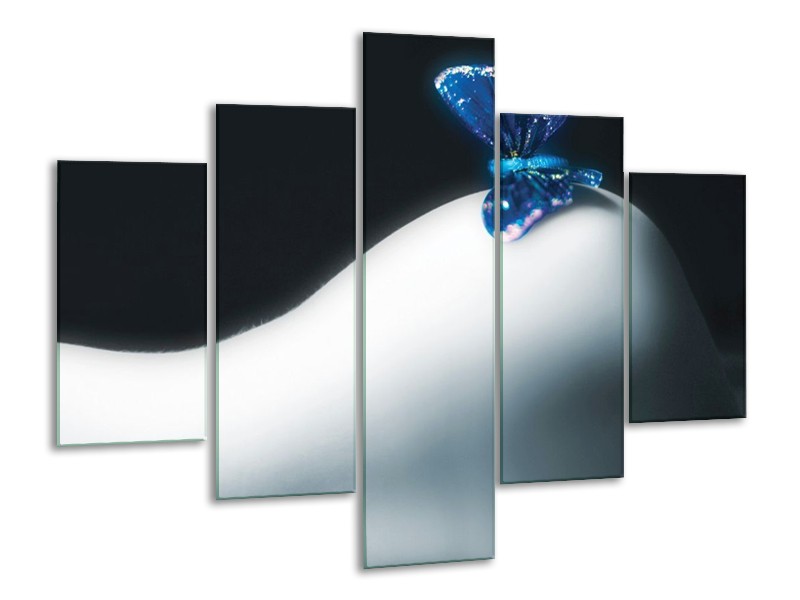 Canvas schilderij Vlinder | Blauw, Wit, Zwart | 100x70cm 5Luik