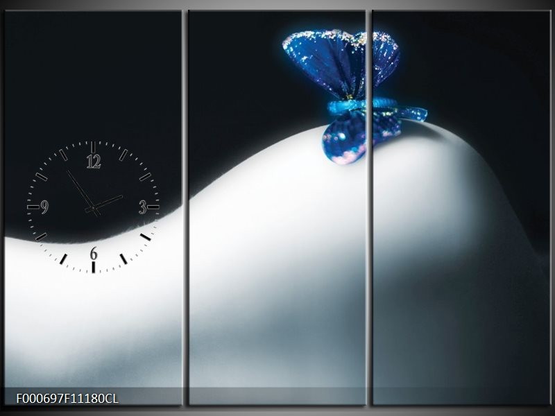 Klok schilderij Vlinder | Blauw, Wit, Zwart | 111x80cm 3Luik