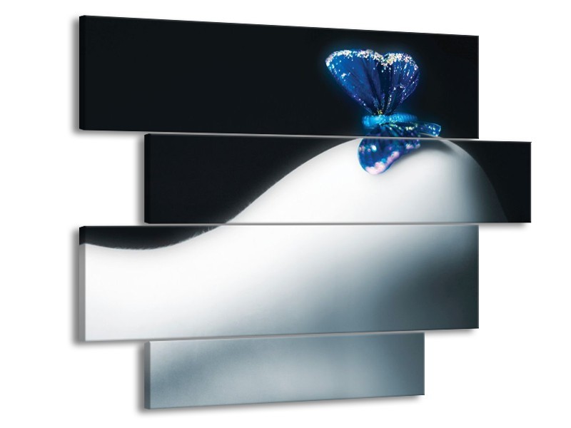 Canvas schilderij Vlinder | Blauw, Wit, Zwart | 115x85cm 4Luik
