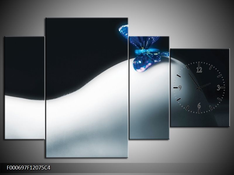 Klok schilderij Vlinder | Blauw, Wit, Zwart | 120x75cm 4Luik