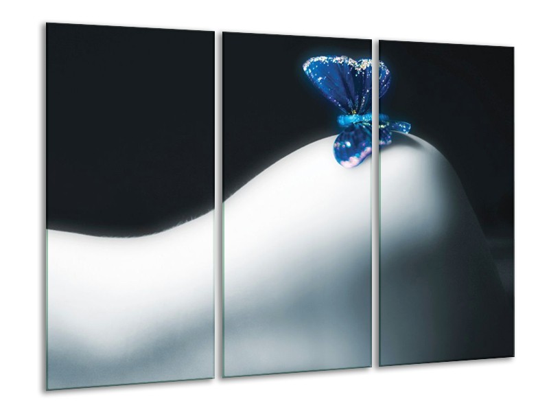 Canvas schilderij Vlinder | Blauw, Wit, Zwart | 120x80cm 3Luik