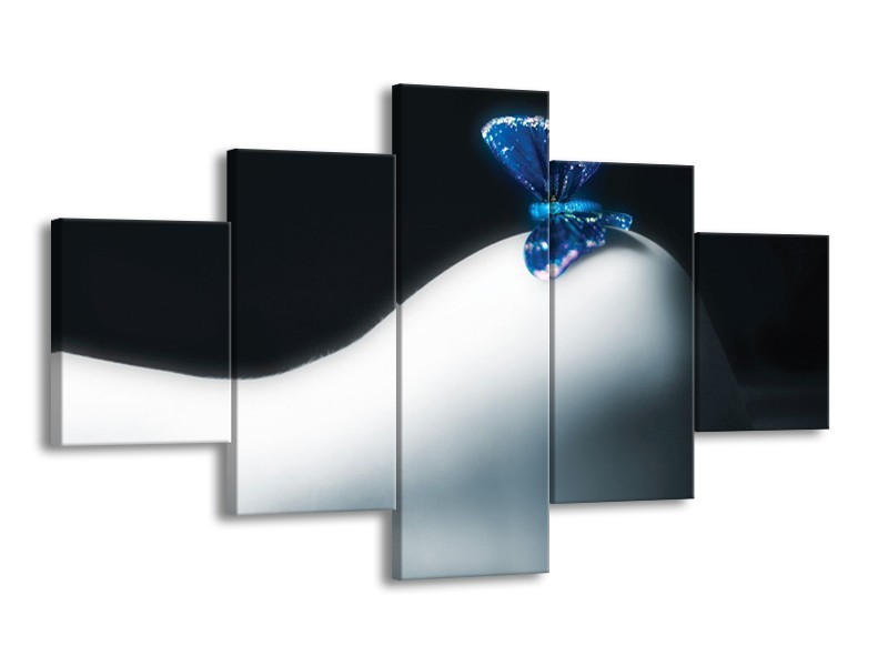 Canvas schilderij Vlinder | Blauw, Wit, Zwart | 125x70cm 5Luik