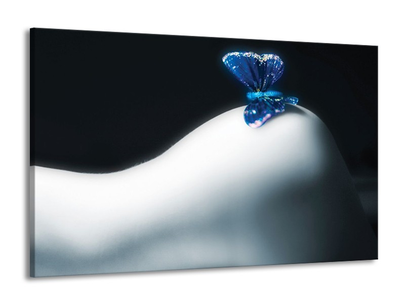 Canvas schilderij Vlinder | Blauw, Wit, Zwart | 140x90cm 1Luik