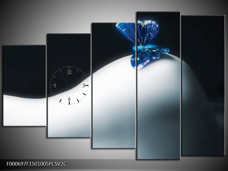 Klok schilderij Vlinder | Blauw, Wit, Zwart | 150x100cm 5Luik