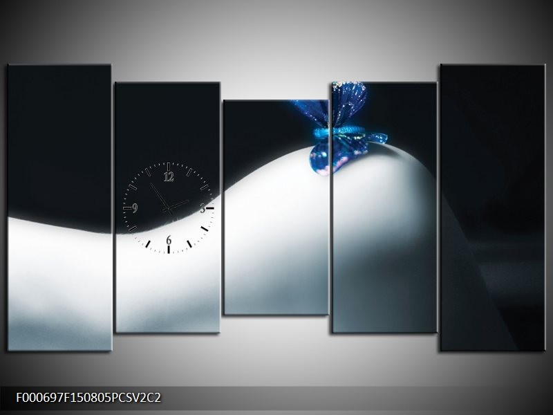 Klok schilderij Vlinder | Blauw, Wit, Zwart | 150x80cm 5Luik