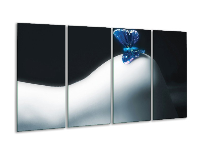Canvas schilderij Vlinder | Blauw, Wit, Zwart | 160x80cm 4Luik