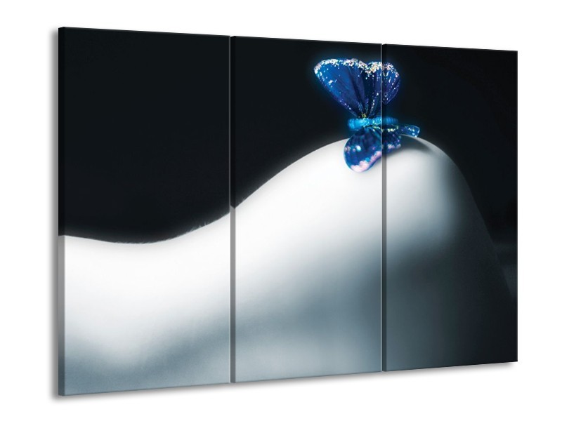Canvas schilderij Vlinder | Blauw, Wit, Zwart | 90x60cm 3Luik
