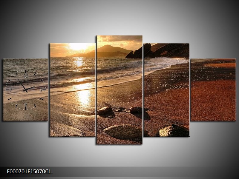 Klok schilderij Zonsondergang | Bruin, Geel, Wit | 150x70cm 5Luik