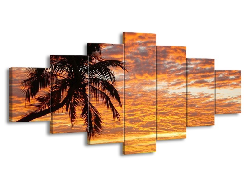 Canvas schilderij Zonsondergang | Geel, Zwart, Oranje | 210x100cm 7Luik