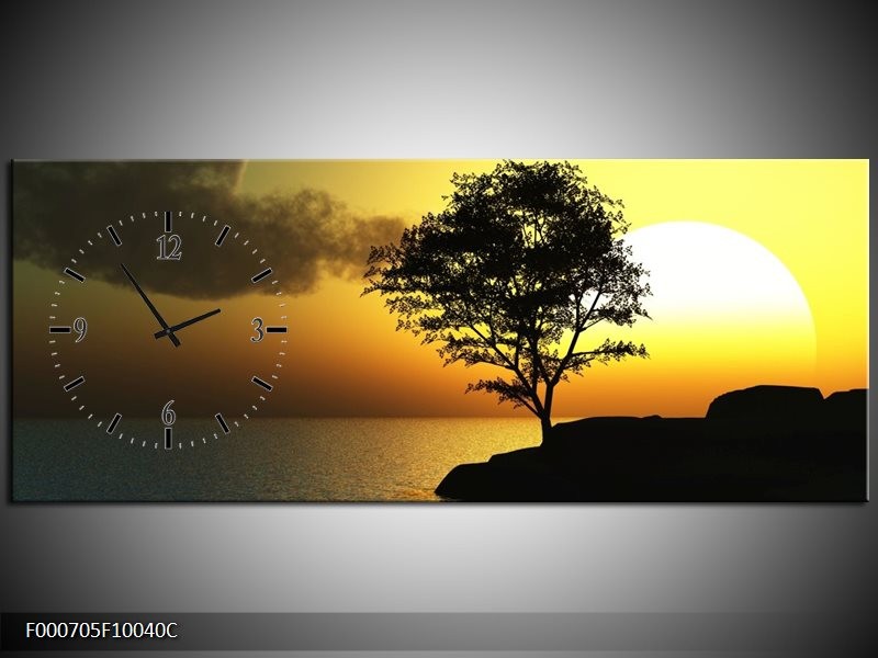 Klok schilderij Zonsondergang | Zwart, Geel, Grijs | 100x40cm 1Luik