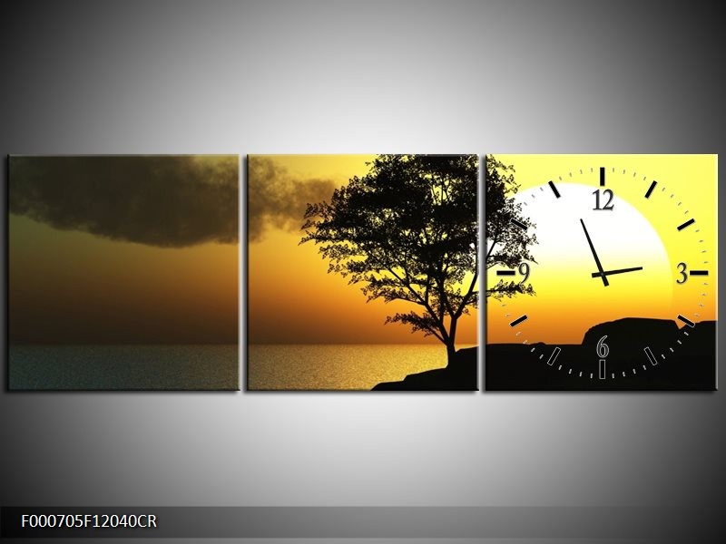 Klok schilderij Zonsondergang | Zwart, Geel, Grijs | 120x40cm 3Luik