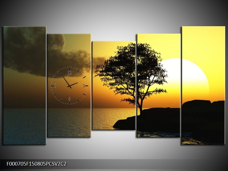 Klok schilderij Zonsondergang | Zwart, Geel, Grijs | 150x80cm 5Luik