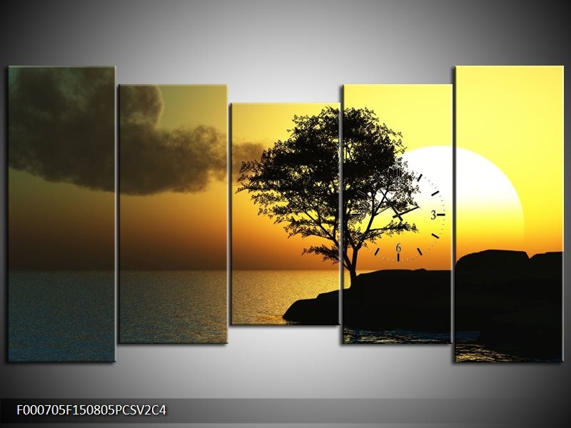 Klok schilderij Zonsondergang | Zwart, Geel, Grijs | 150x80cm 5Luik