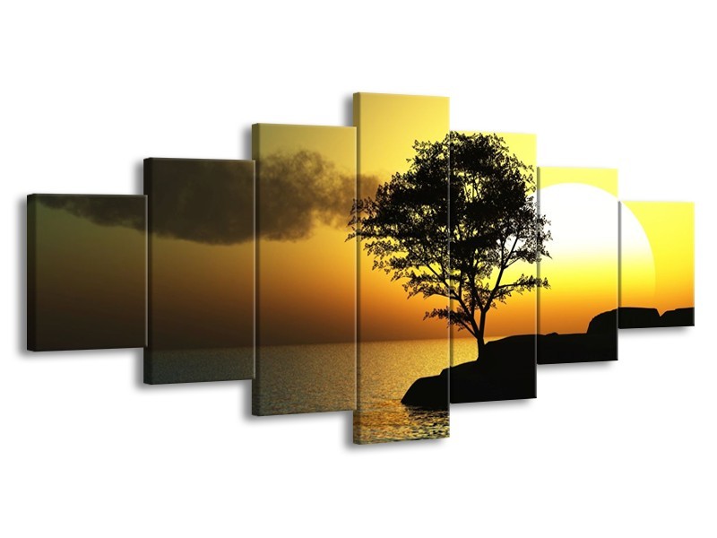 Canvas schilderij Zonsondergang | Zwart, Geel, Grijs | 210x100cm 7Luik